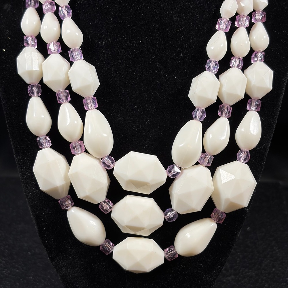 Western Germany Triple Strand Necklace White Purple Plastic Beads Vintage 1950s